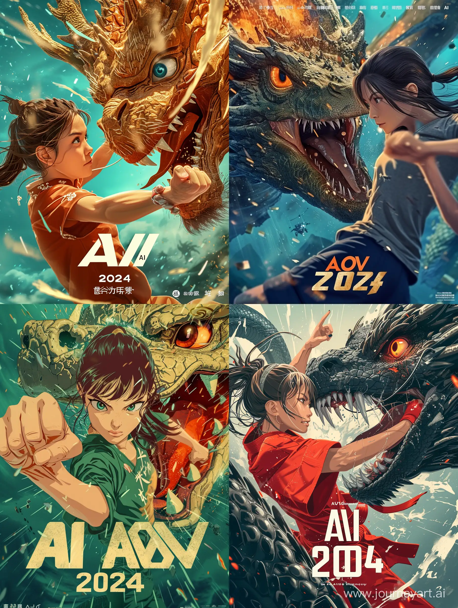 a anime movie poster, expansive shot, a  girl - martial artist punch a chinese dragon flatten, 2d, best quality, ultra detailed, golden ratio, exaggeration, anime style, comedy style, humourous style, the dragon's eyes pop out, there are the words "AI AOV 2024" in the poster --ar 3:4