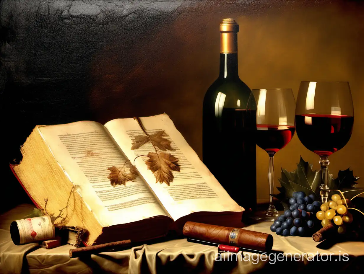 Classic-Still-Life-Painting-Wine-Cigar-and-Book-Composition