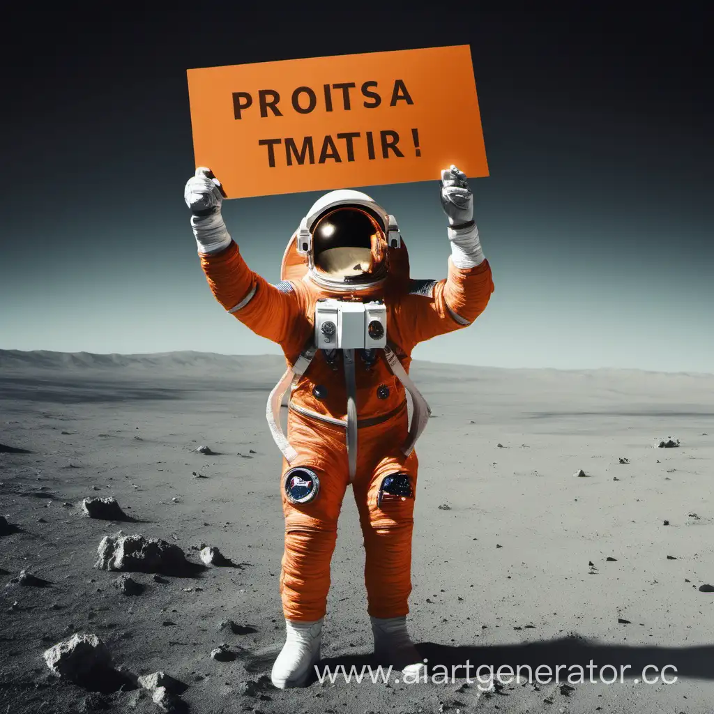 An astronaut in orange holds a sign