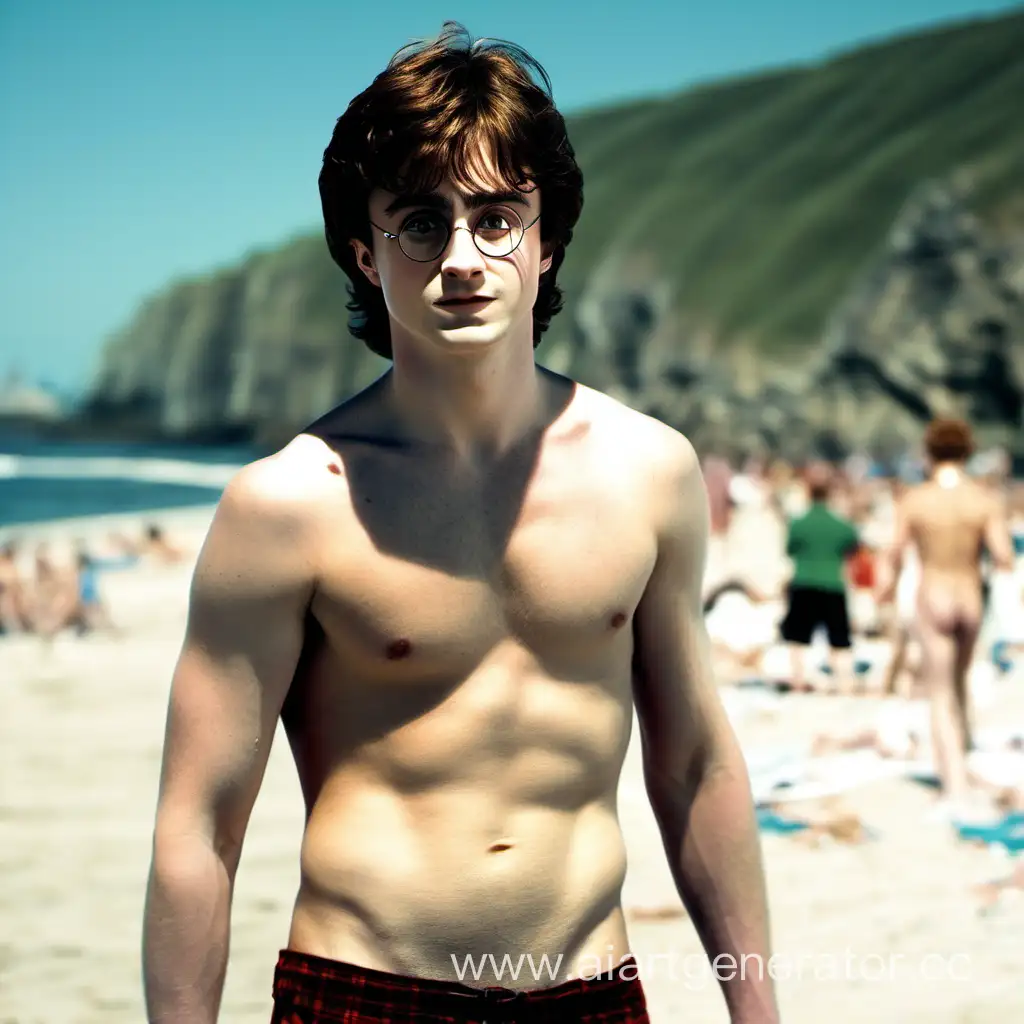 shirtless harry potter on the beach