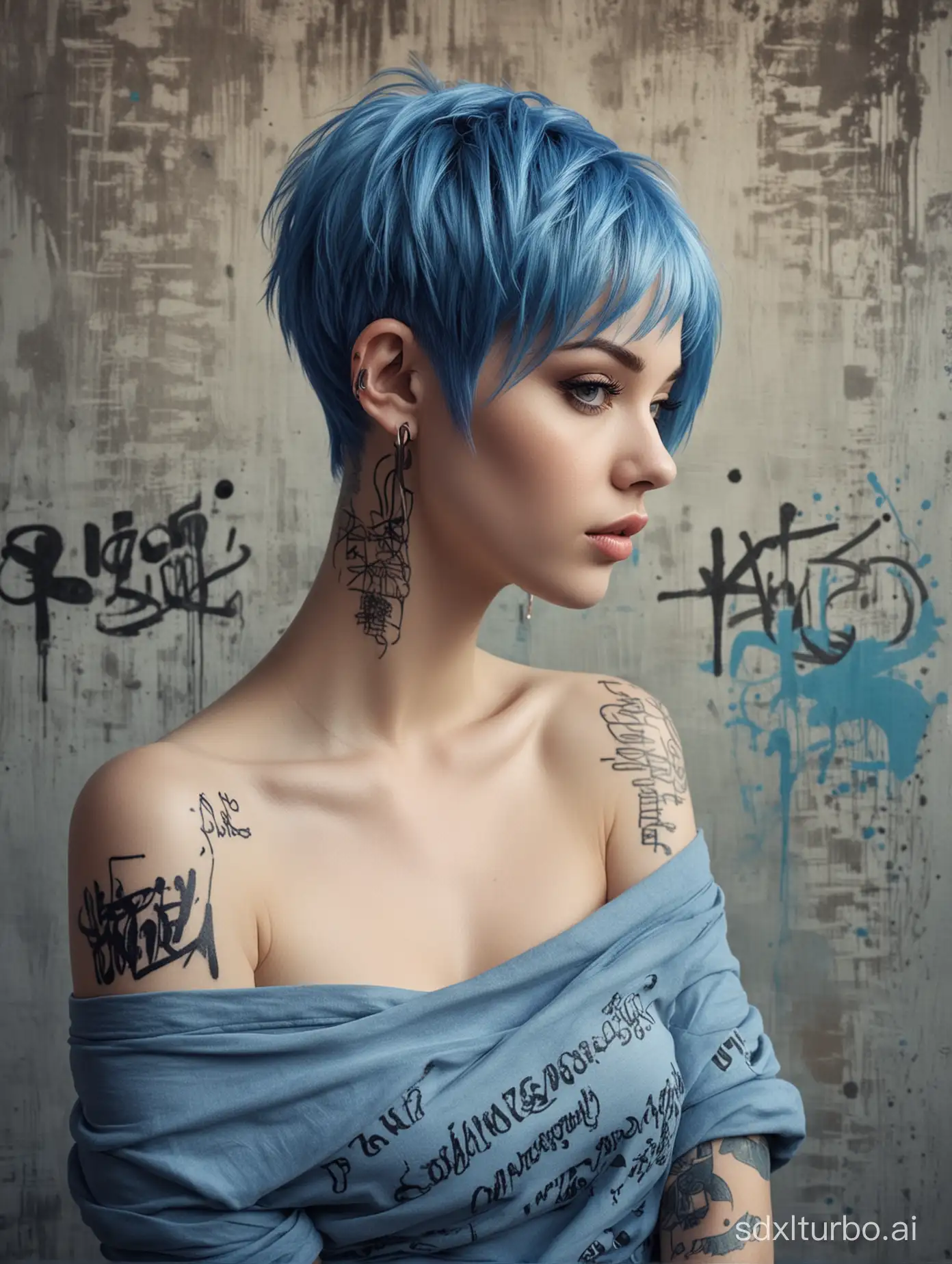 Blue short hair, bold cut, off shoulder tank shirt, fashion pose, beautify tattoo on one shoulder, graffiti newspaper background, Head to shoulders shot, art by Wadim Kashin, Nicoletta Ceccoli.