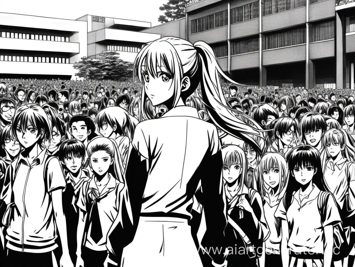 вдалеке девушка блондинка с высоким хвостом стоит в толпе студентов на фоне университета и сияет в стиле черно-белой японской манги