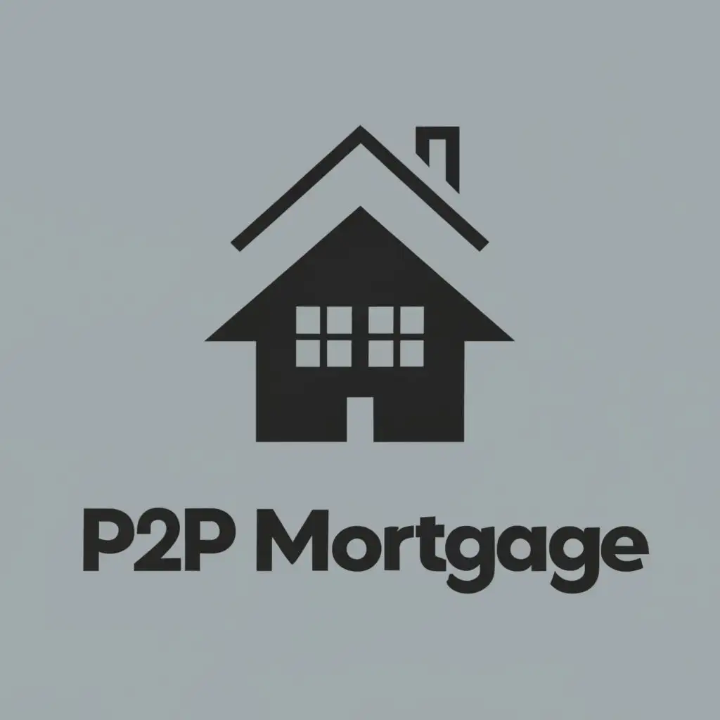 logo, black outline of two houses on a completely plain clean 100% white background NOT gray, with the text "P2PMortgage.com", typography, be used in Real Estate industry