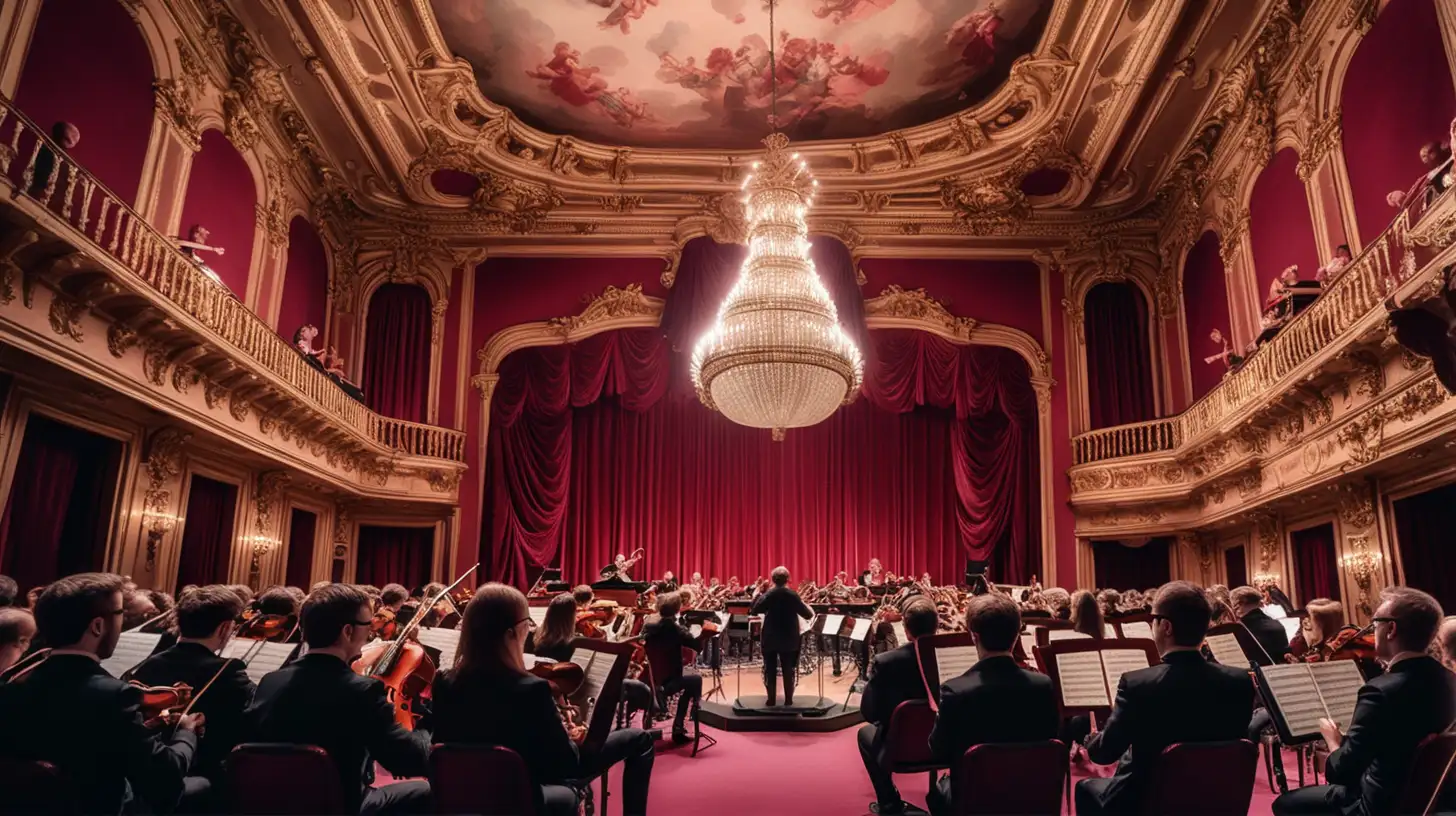 Baroque Style Orchestra Performance in a Red Concert Hall