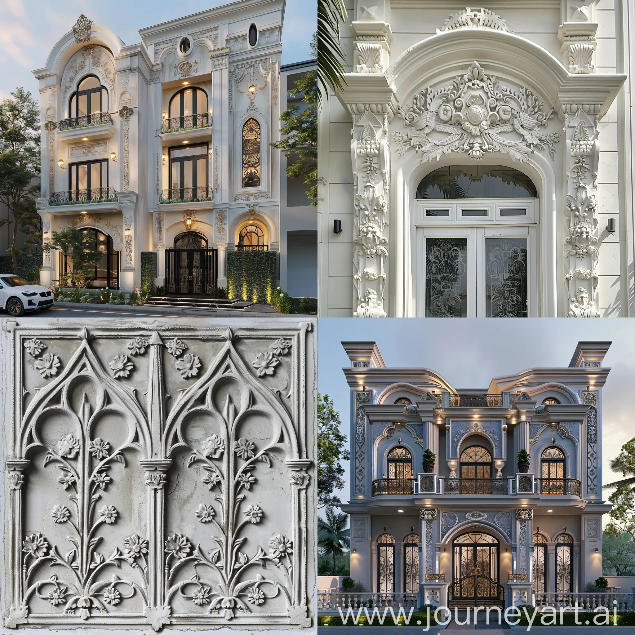 suggest a front pattern for elevation inspired from victorian, gothic and royal values, the pattern will be on a while and made with plaster
