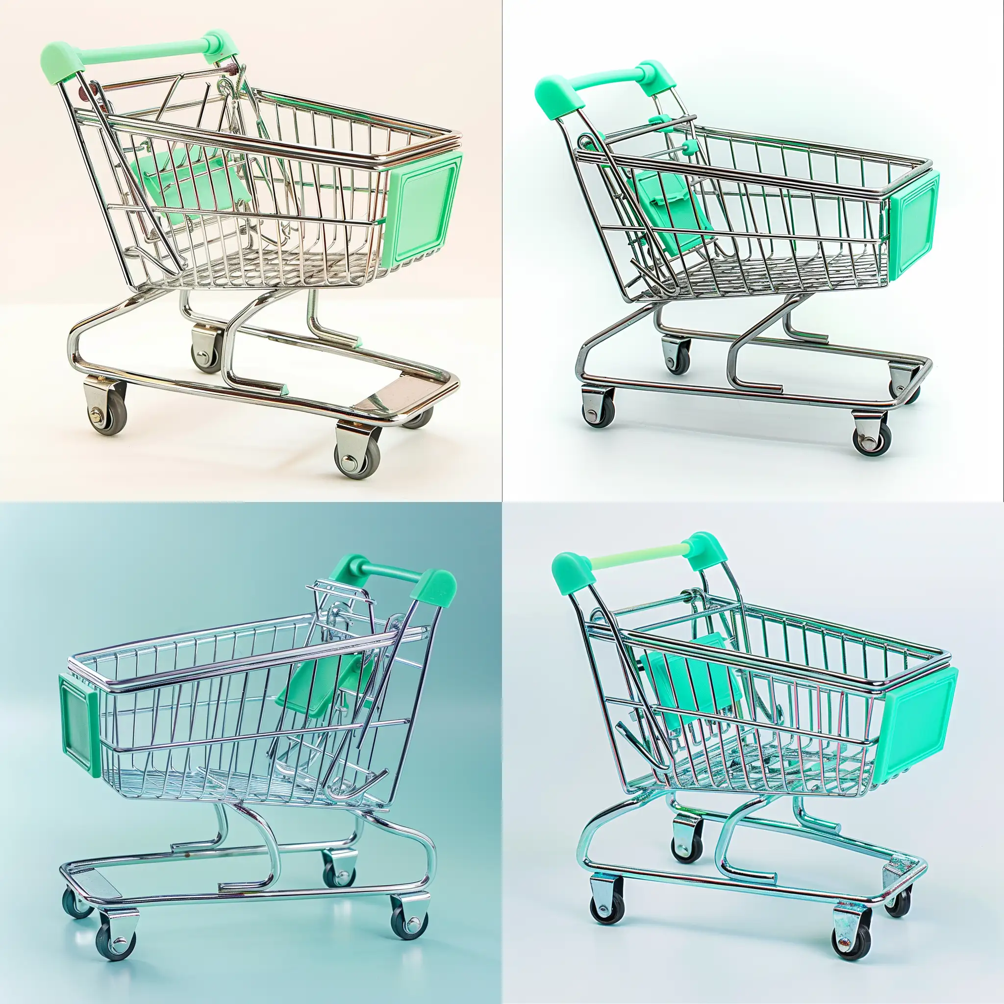 metal shopping cart, mint green accents colour c8d5d0, clear background
