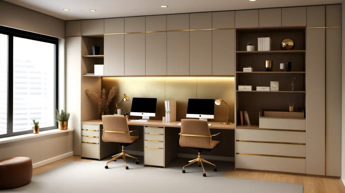 1.7m x 1.7m office space for two; beige, oak and brass colour palette