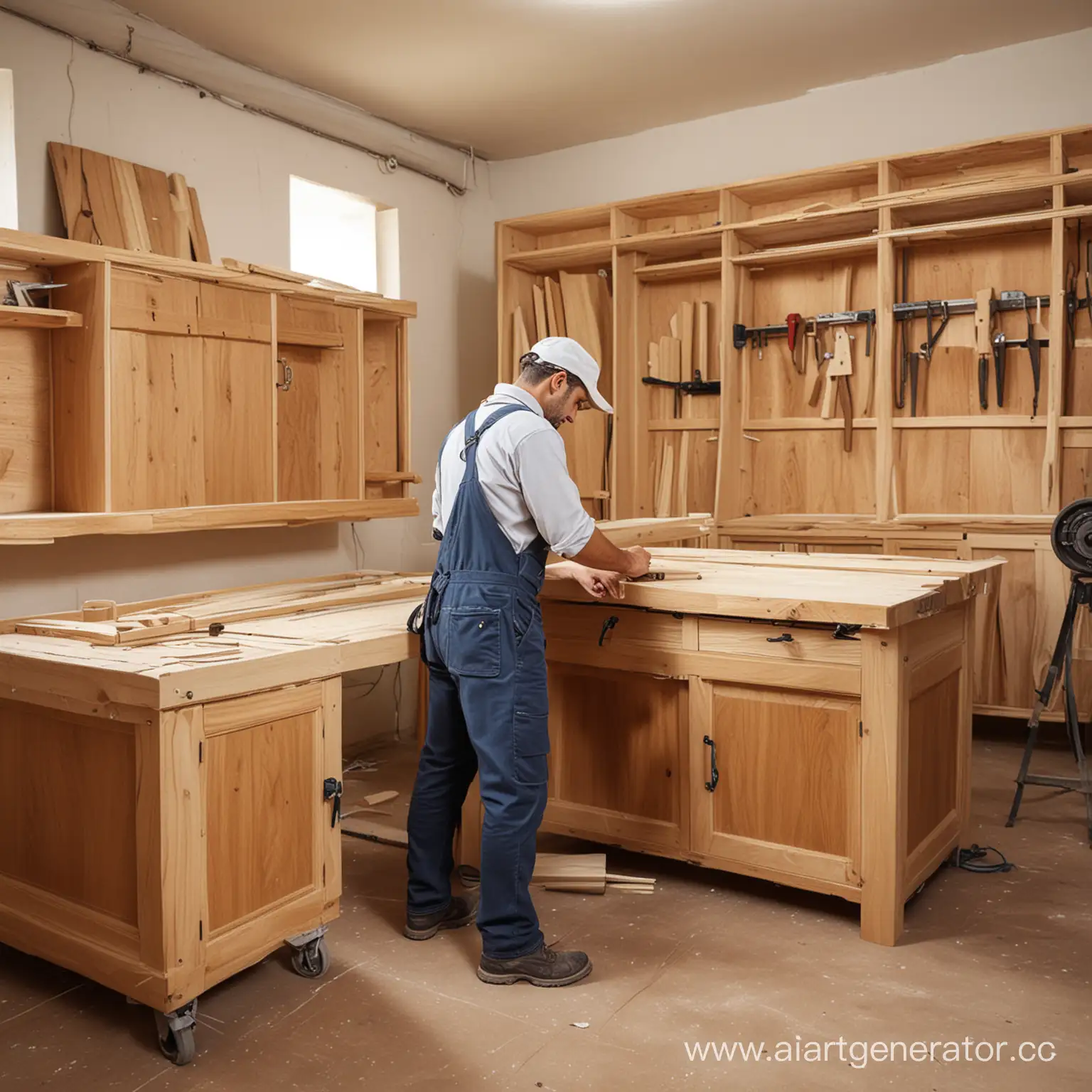 generate a worker at a wood machine in rooms of Arab appearance who makes a large cabinet