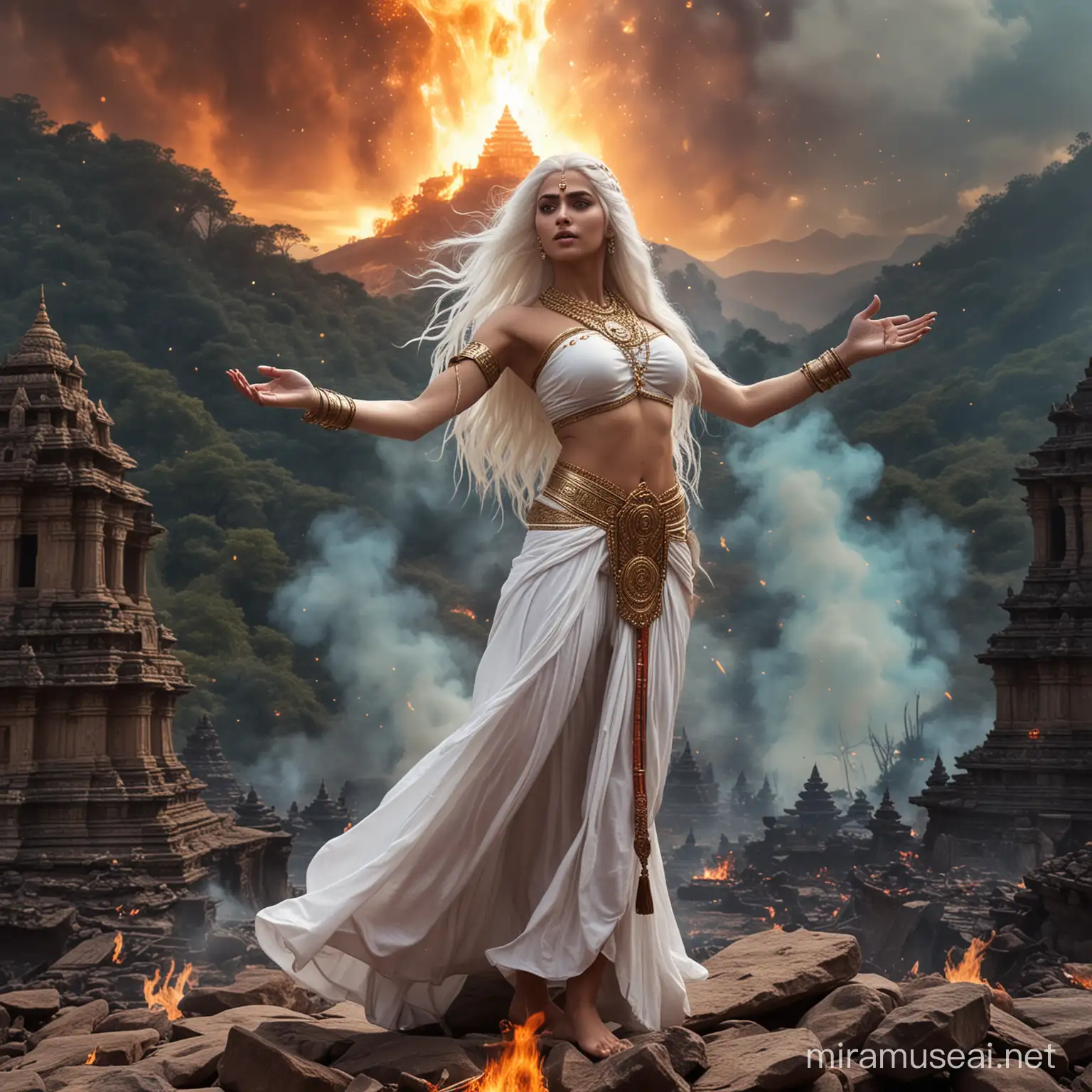 Hindu Goddess Empress Summoning Cosmic Fire in Mystical Battle