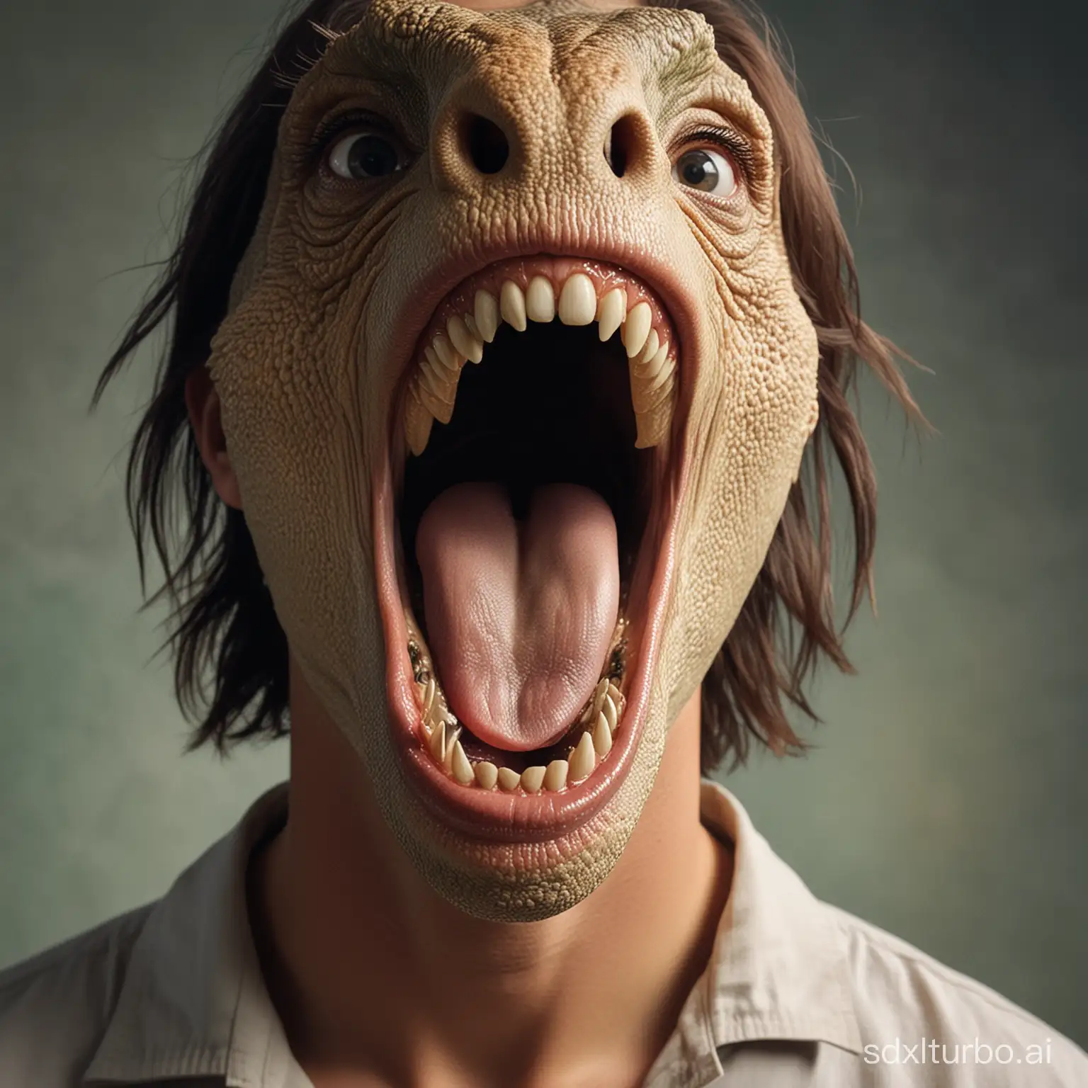 A person in the mouth of a dinosaur