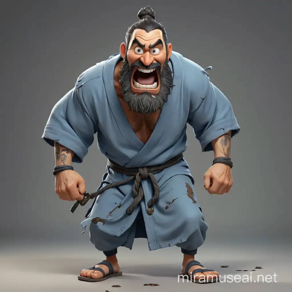 Maliciously Grinning Prisoner in GrayBlue Robe 3D Modern Cartoon Style