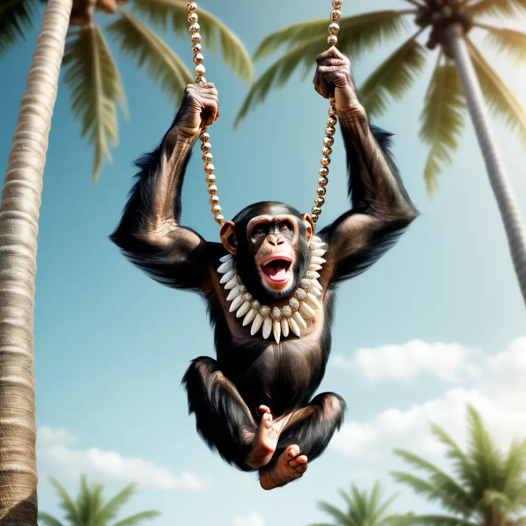 A Hyper-real photo of a cheeky chimpanzee, wearing a seashell necklace and swinging from palm trees like a tropical Tarzan.