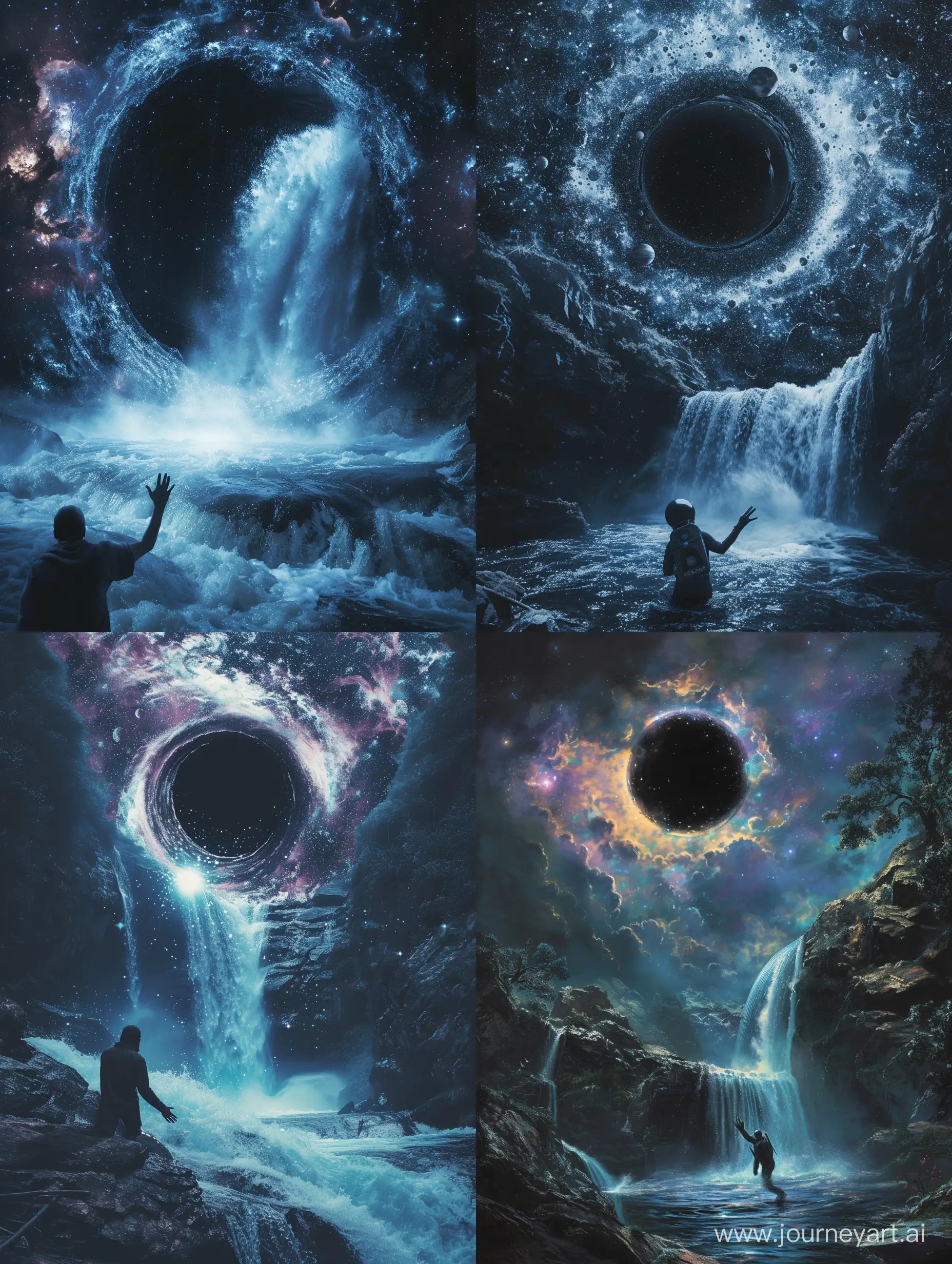 One mysterious cosmic guy, cosmic guy hand start cosmic beautiful waterfall, background gargantua black hole interstellar