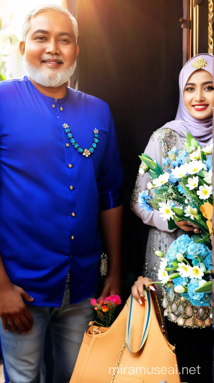 A beautiful girl from Indonesian in a detailed and colorful enviroment surrounded by flowers, wearing hijab and an elegan blue dress with intricate design, adorned with detailed jewelry, holding a Blooming flower delicately, with various types blossoming flowers creating an enchanting atmosphere, and an ethereal glow surrounding flowers.