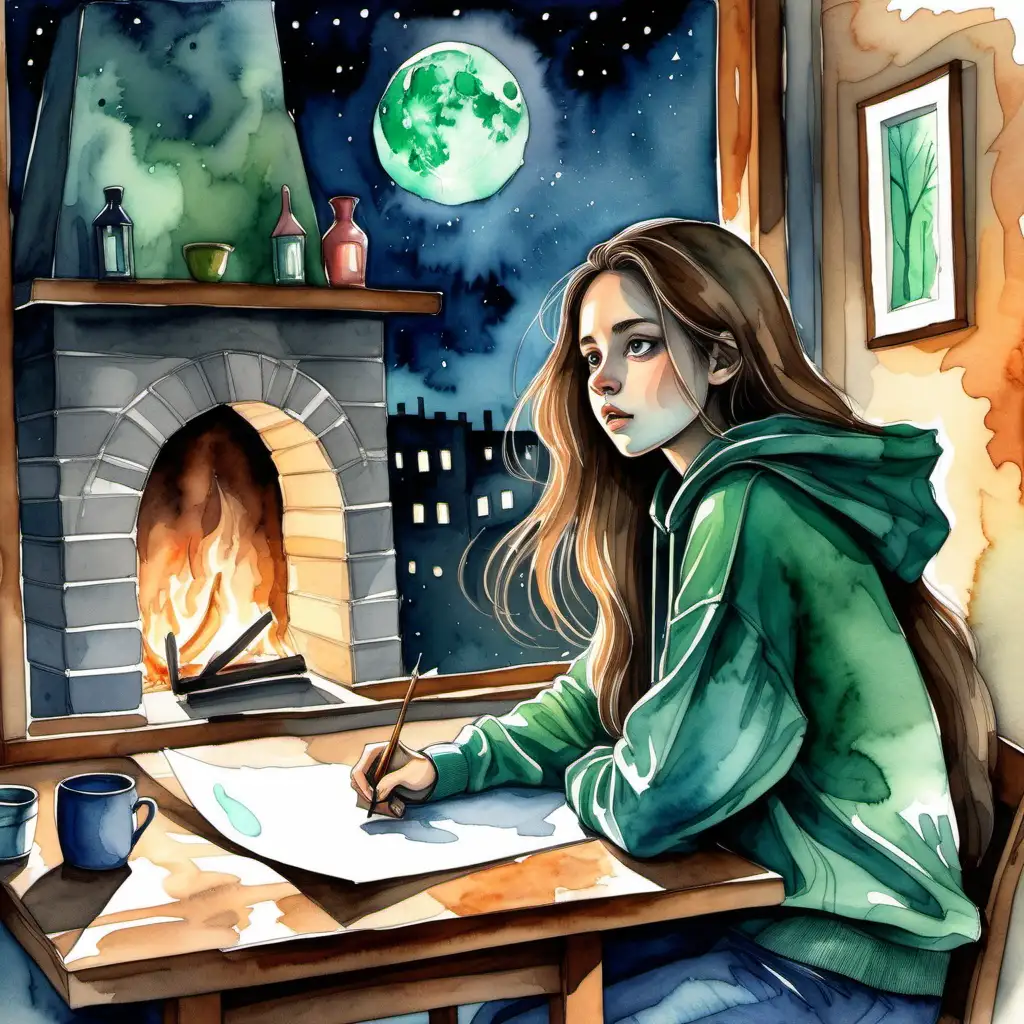 Draw in expressionism style. A girl with long hair, brown eyes, green Hoodie blouse in the room at night, there are a firepalce  and  a table with paper and watercolor painting. 
The girl watches the moon from the window of her room.