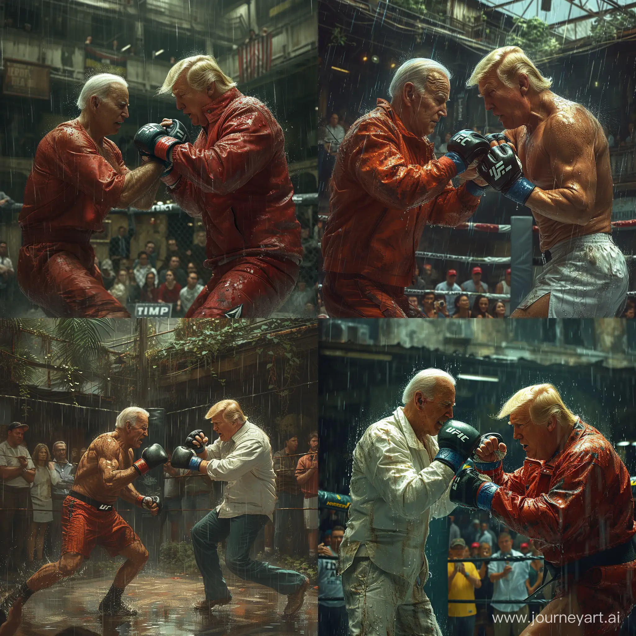 A realistic picture of joe biden and donald tump playing mma in the rain, in front of an s udience watching the match, with blur in the background, accuracy, focus, and very fine details on fabrics, skin, and skin --stylize 750 --v 6