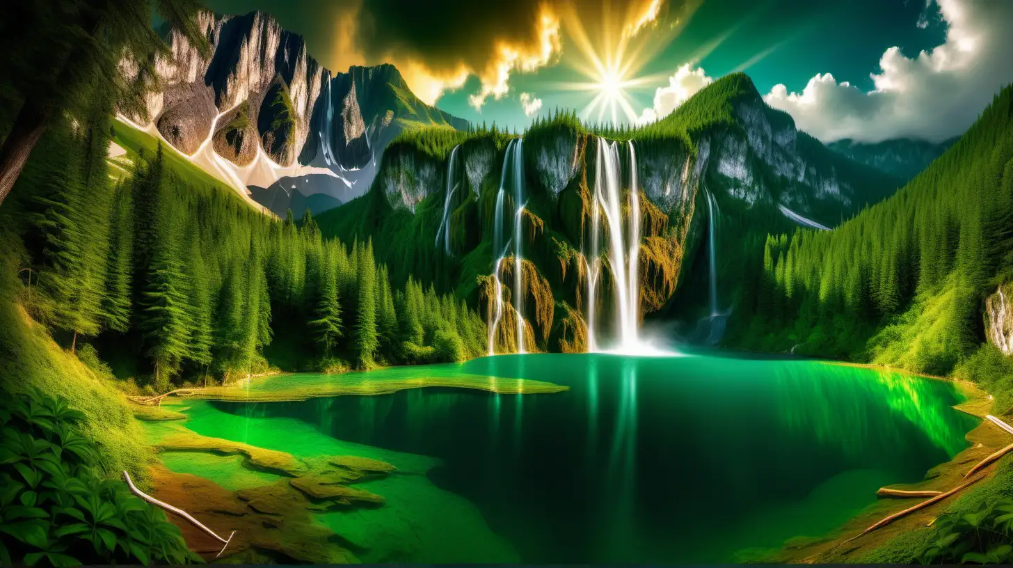 Wide mountain scene with a gorgeous waterfall cascading into an emerald lake, the water golden with multi-colored reflections caused by the light of an Ultra Dimensioned Sun. Lush vegetation and spectacular cloud-shrouded ridges. All in impressive graphic quality like a prophesional photo