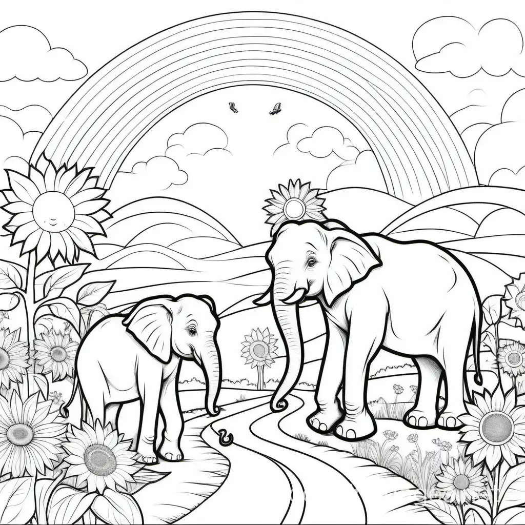 an enchanted realm with a road, and elephants and giraffes and sunflowers with a rainbow and a sun in the sky, Coloring Page, black and white, line art, white background, Simplicity, Ample White Space. The background of the coloring page is plain white to make it easy for young children to color within the lines. The outlines of all the subjects are easy to distinguish, making it simple for kids to color without too much difficulty