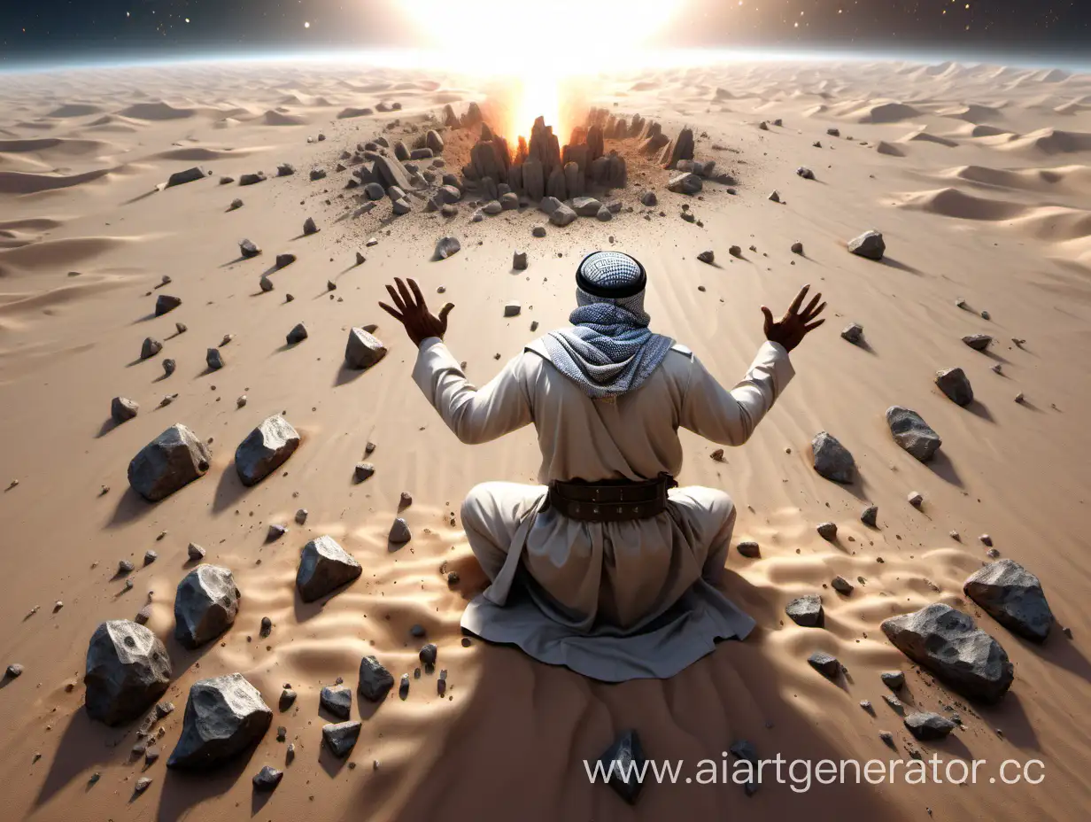 top view, a Muslim warrior is sitting in the desert with his hands raised, sitting on his knees, he is scared, meteorites are falling to the ground around him, ultra-realistic, high detail.