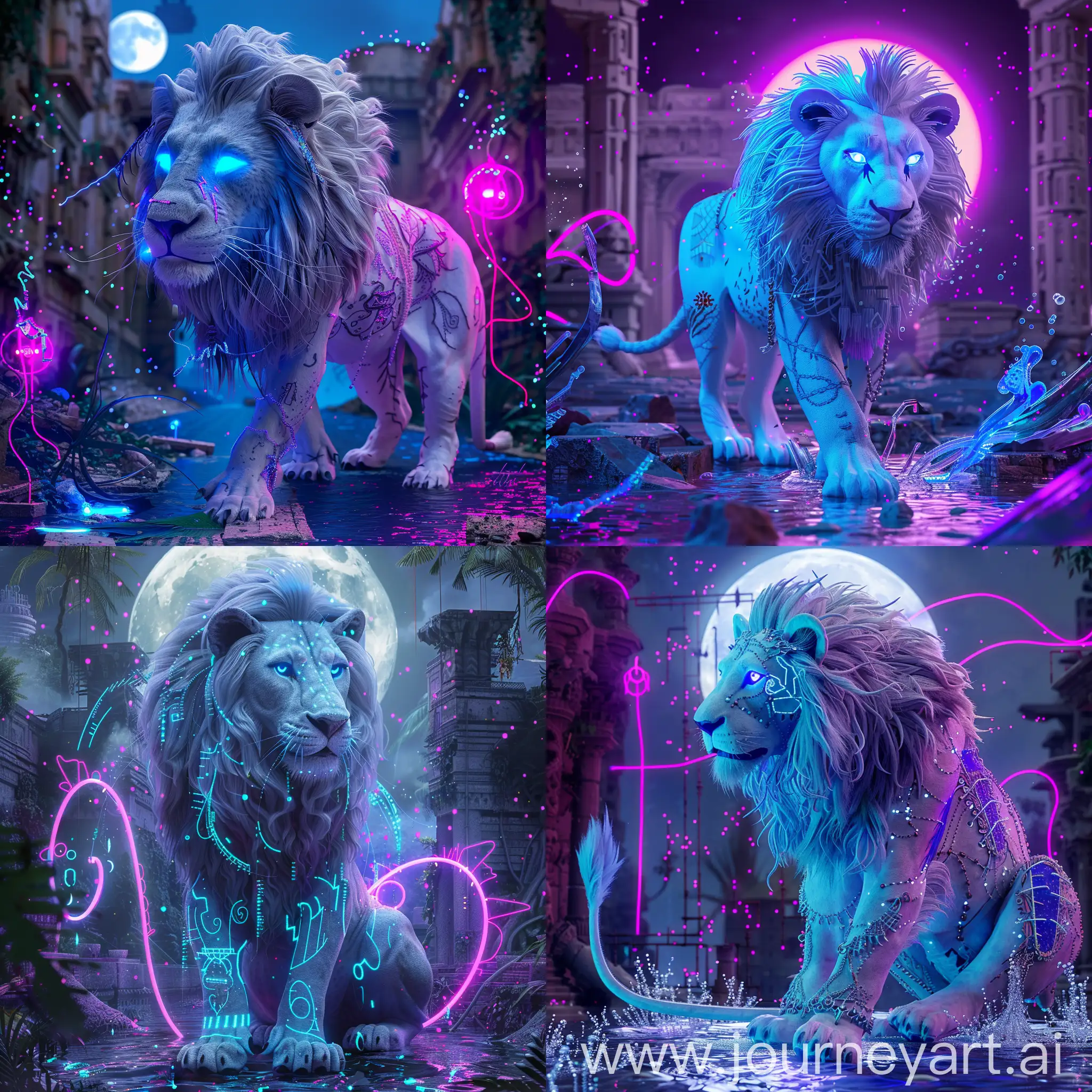 a realistic, Its blue majestic white lion with a long, flowing mane and tail. Its blue eyes and glowing blue markings stand out against the backdrop of a full moon, with the ruins of a city surrounding it. The lion’s whistling adds a unique touch to its already striking presence. luminescent. environment, with a random ethnicity and illuminated by striking purple neon lights. It captures every detail as if taken by a Hasselblad X2D camera, showcasing high-definition textures, neon lighting effects, expressive body language, and a vibrant color palette. The setting is modern yet educational, with a touch of surrealism and cyberpunk elements. Intricate details, conceptual embroideries, and the luminosity of water are all rendered in a photorealistic style. The artwork is a masterpiece of intricate details, dramatic natural lighting, and high-quality CGI VFX, presented as a fine art portrait with dynamic, hyperdetailed purple lighting. It’s surrounded by vibrant neon sprinkles in a cinematic scene that merges fantasy with the jungle, featuring ultra-detailed closeups and fairy lighting. The piece embodies Futurism, where antique aesthetics from different cultures meet futuristic designs, all in ancient indigo and future silver. Enjoy this full-body shot portrait with a 3:2 aspect ratio and a raw style --v 6.0