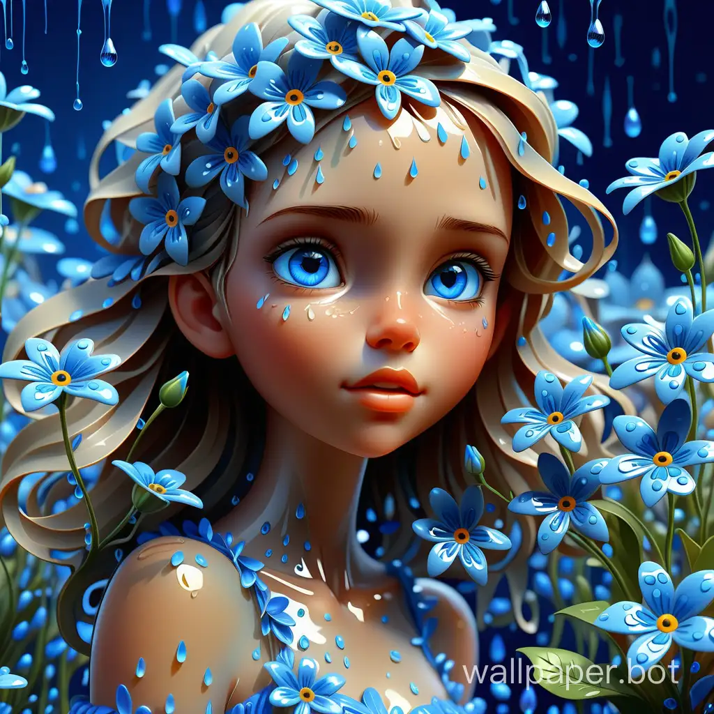 Bright 3D Digital illustration of a girl, around her there are many detailed small blue flowers with transparent wet petals, delicate, fabulous, surreal, with intricate details, beautiful, romantic, mysterious, imitating the liveliness of Disney and magnificent oil paints by Christian Riese Lassen, gloss, sparkles, clarity, high quality, 4K