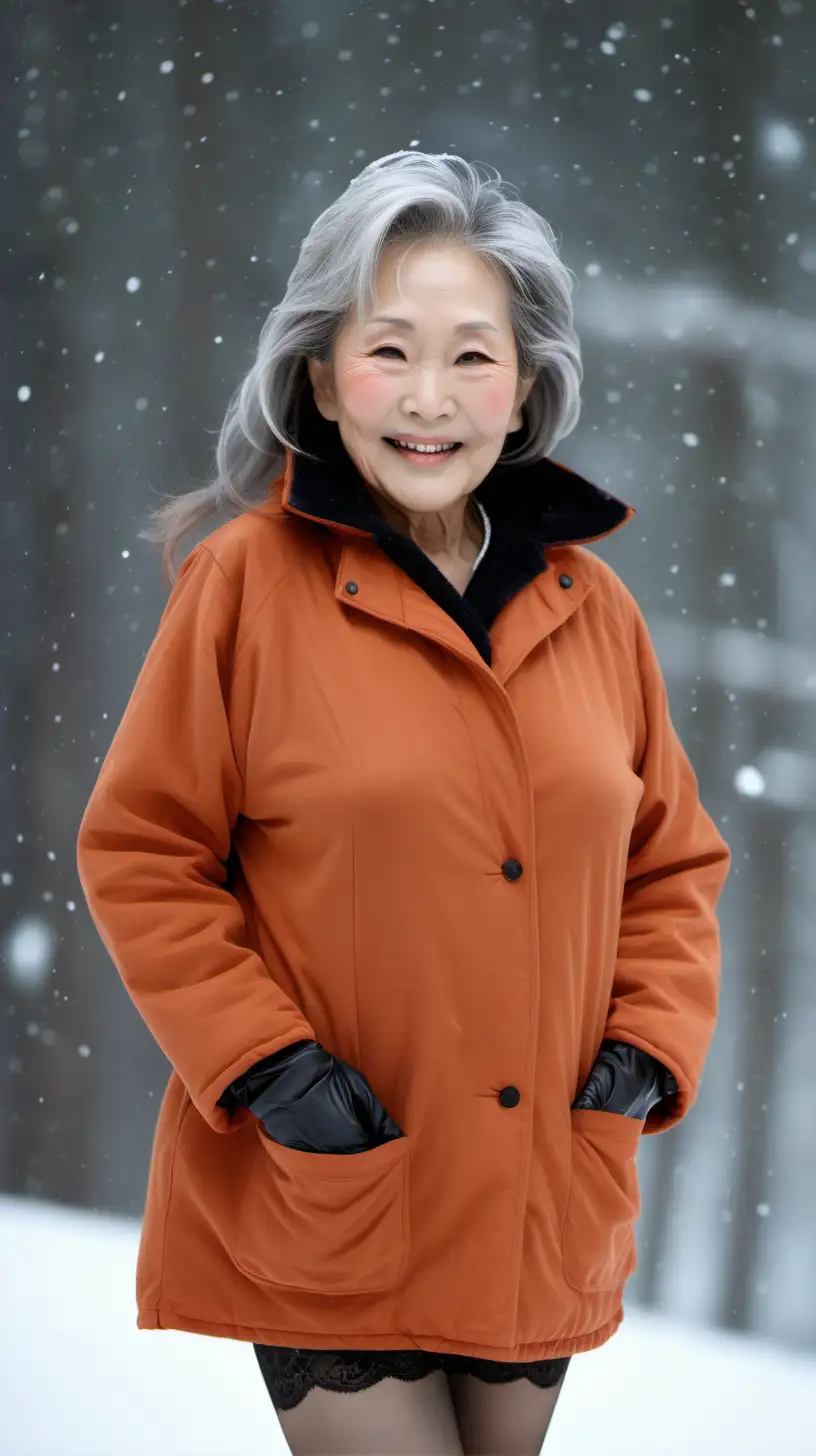 美女，日本人，75岁，熟女妆，优雅的笑容，亚麻色的长发，面部皱纹，皮肤皱纹，乳房皱纹，乳房干瘪，皮肤雀斑，体毛，腋毛，阴毛，橙色羽绒服，敞开衣服，黑丝袜，暴露乳房，全裸，光着腿，积雪很厚，大雪纷飞，深情的望着镜头，阿拉斯加
