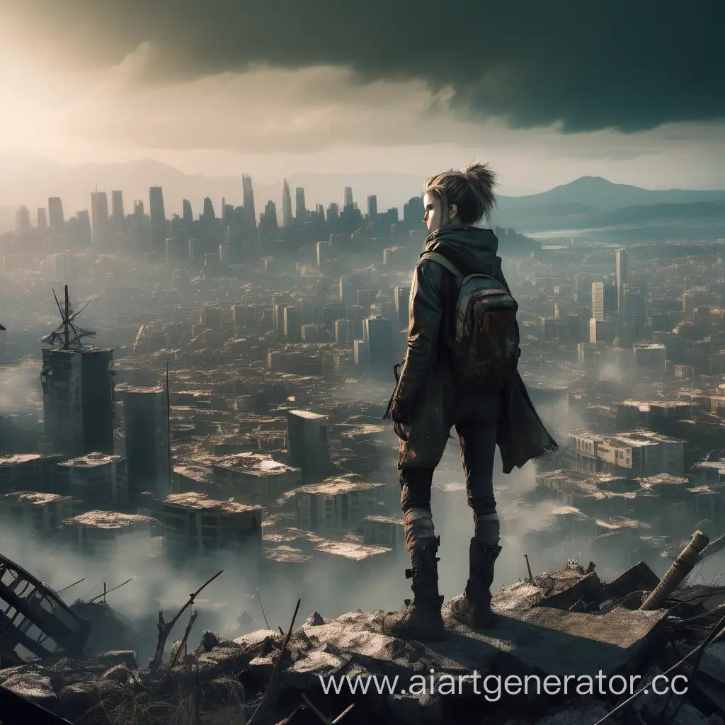 Стиль постапокалипсис , девочка стои на горе, смотрит в даль, в дали город, рядом с ней постройки