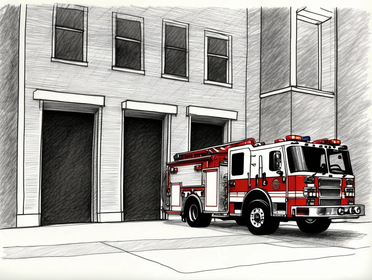 Dynamic Firehouse Scene with Departing Firetruck in Felt Tip Sketch