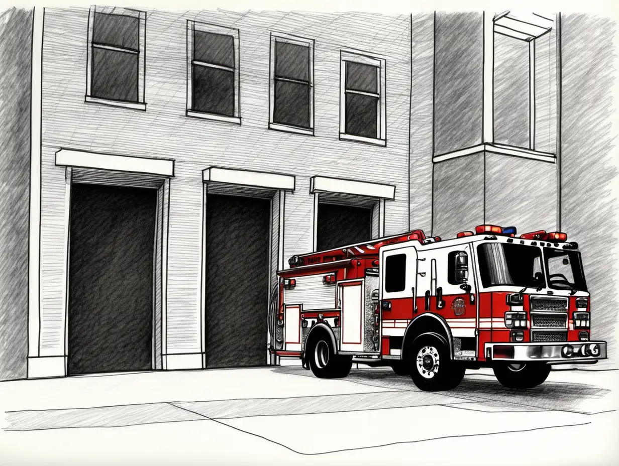 Firehouse exterior with firetruck leaving, half way through the door, felt tip sketch