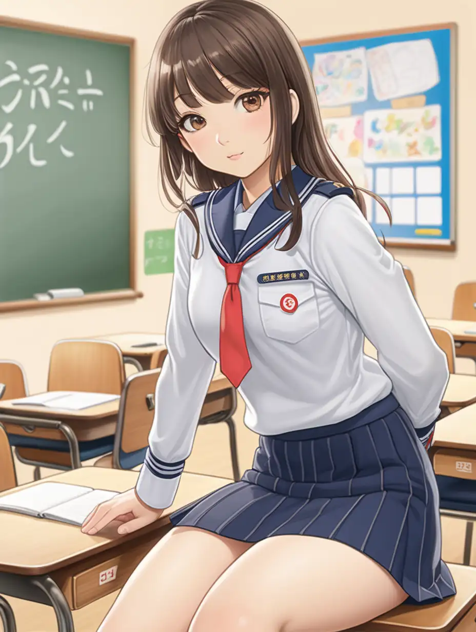 画一个穿着制服的日本女人，身材丰满，大腿略粗，在教室