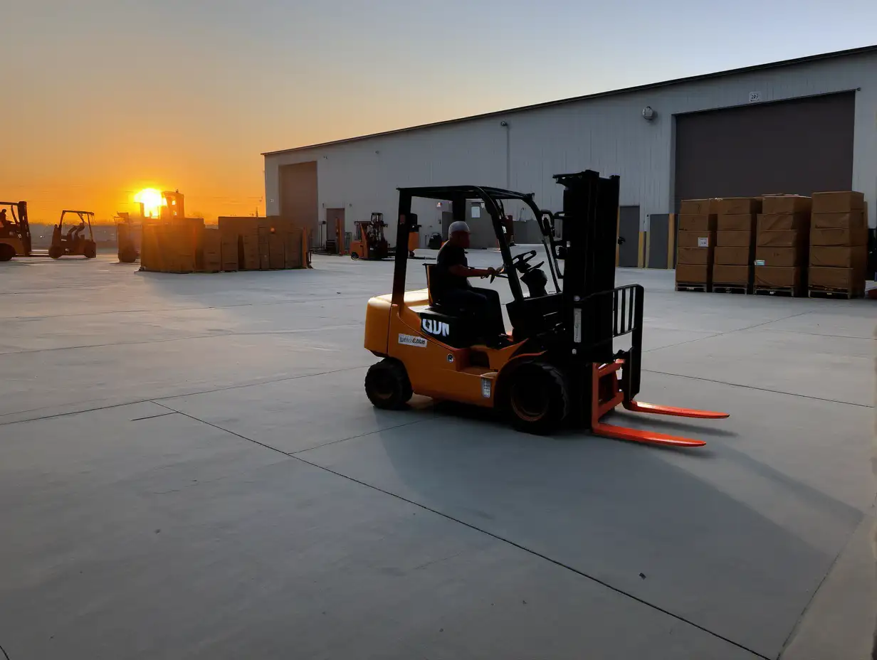 sun is setting and the forklifts continues to work