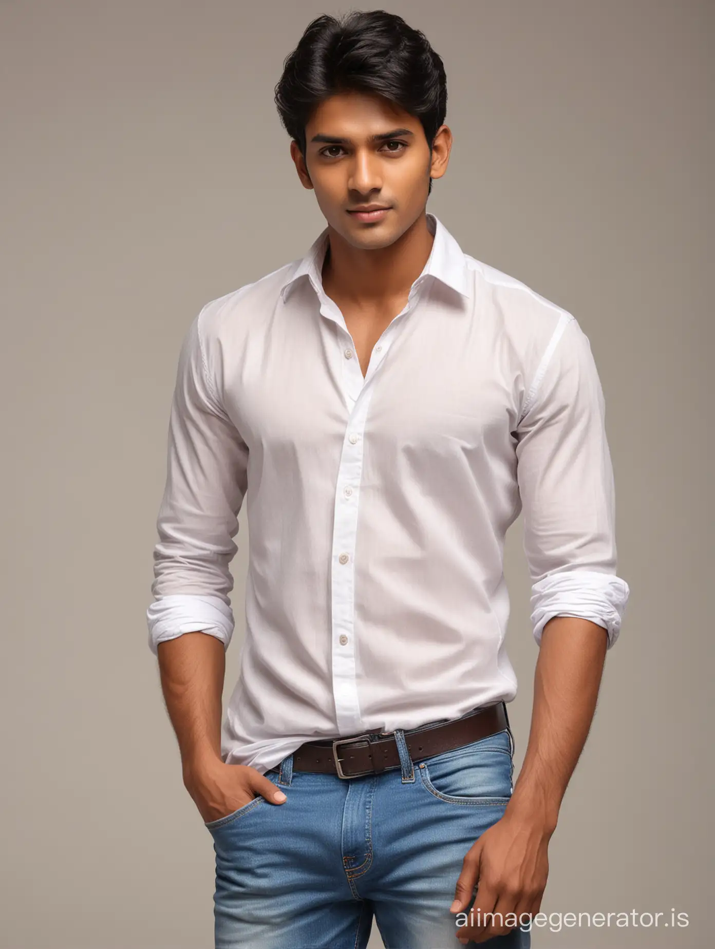Handsome indian sexy thin boy in cotton shirt and jeans