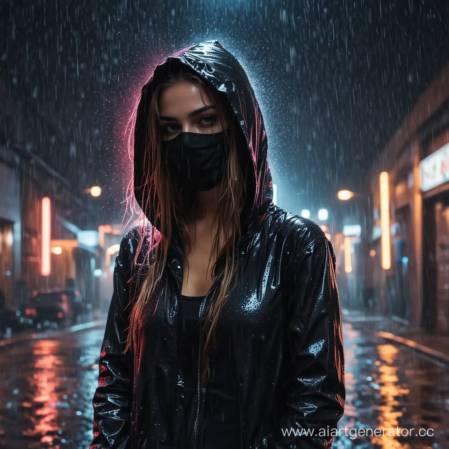 Urban-Night-Rain-Girl-in-Hood-and-Black-Mask-under-Neon-Lights