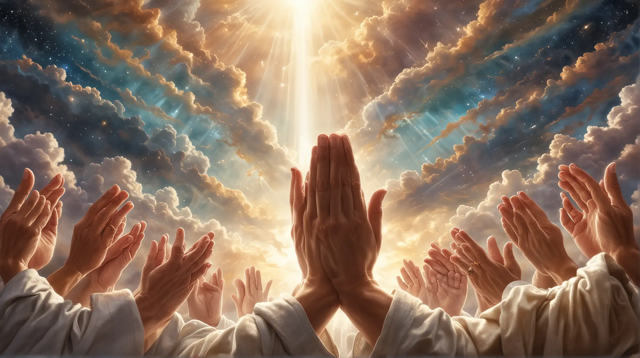 Create an eye-catching thumbnail an image focusing on hands clasped together in prayer, reaching upward toward the heavens. This visual representation captures the essence of seeking and knocking, as described in the story, and conveys a sense of hope, faith, and connection to the divine