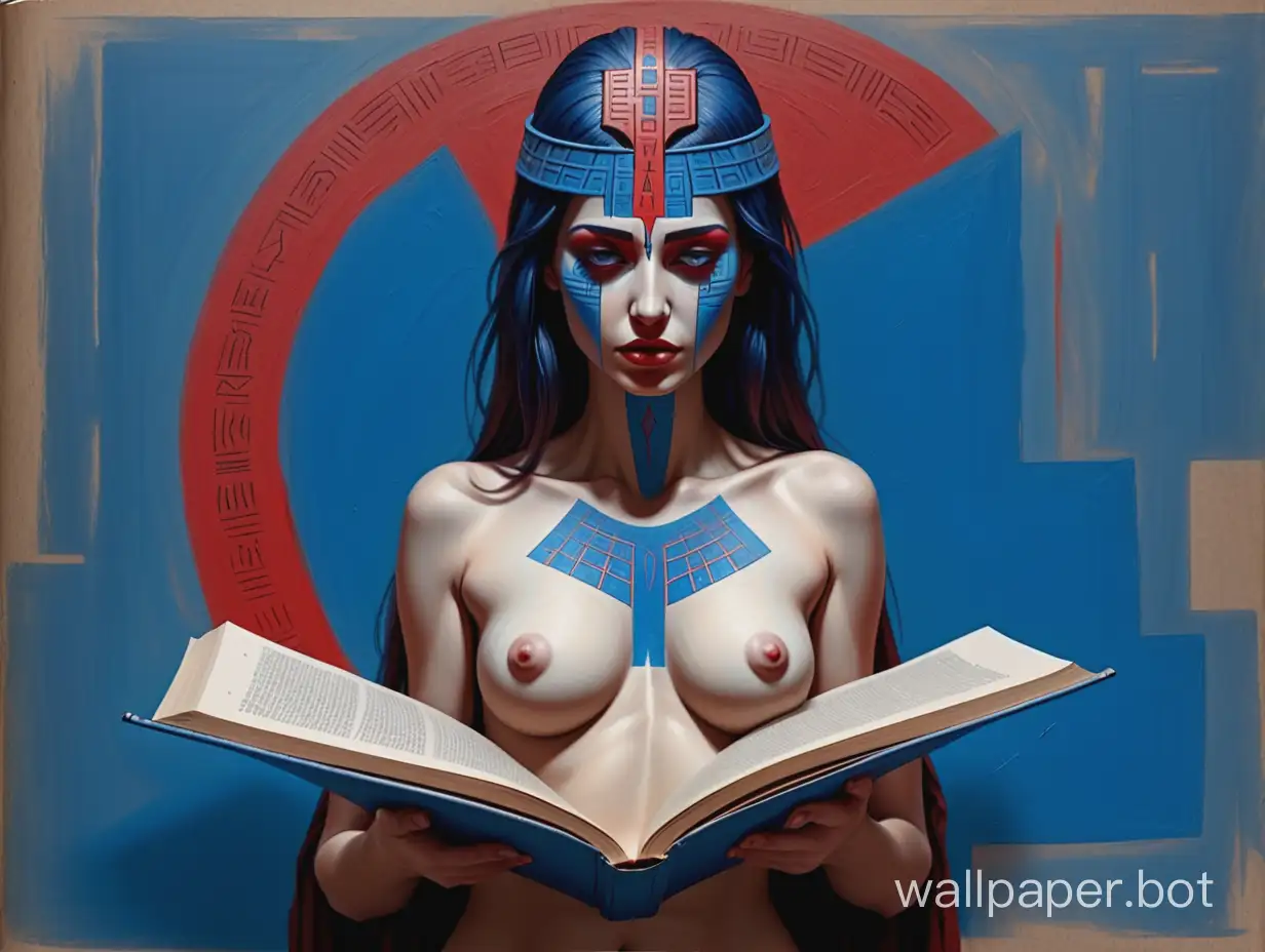 женщина обнажённая раскрашенная вполовину красным вполовину синим лишённая головы вместо головы раскрытая книга с таинственными знаками напоминающими ассирийскую клинопись футуризм