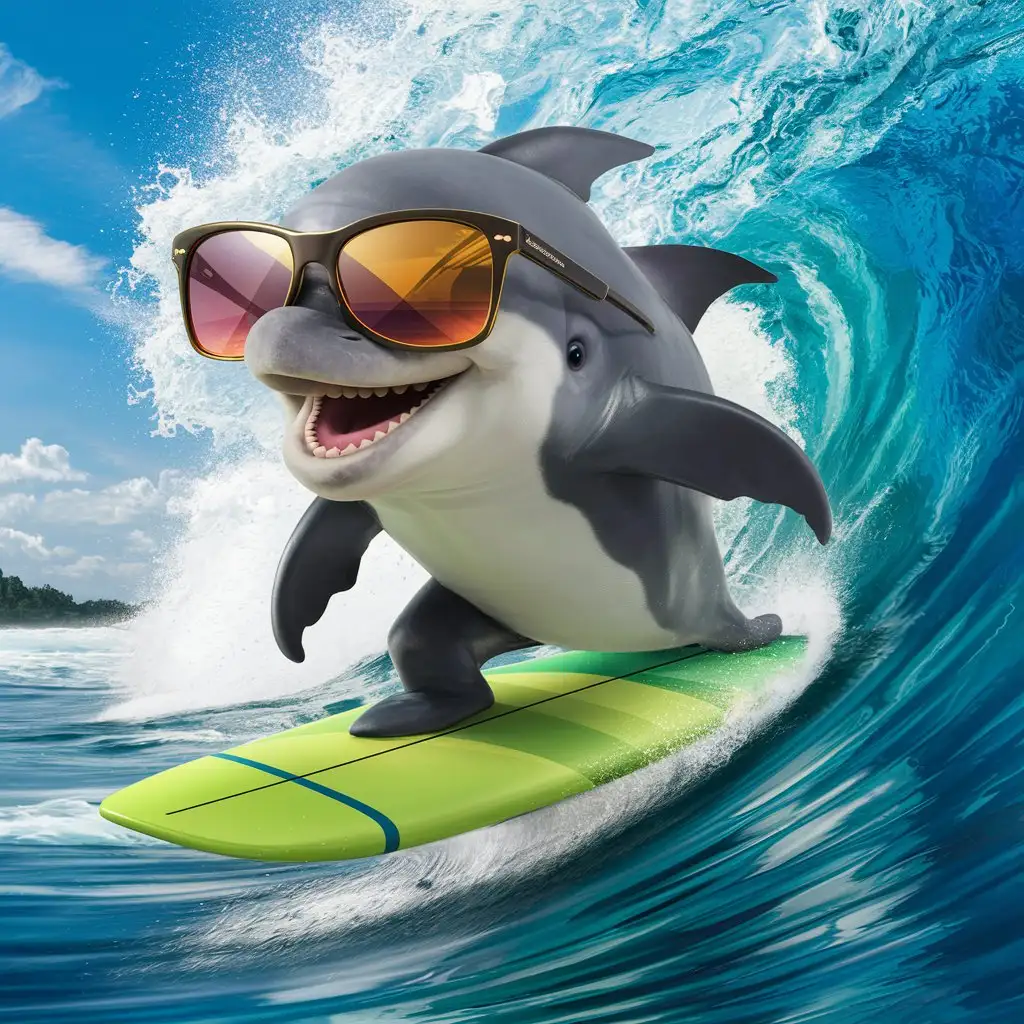 Dolphin with sunglasses on a surfboard surfing a wave