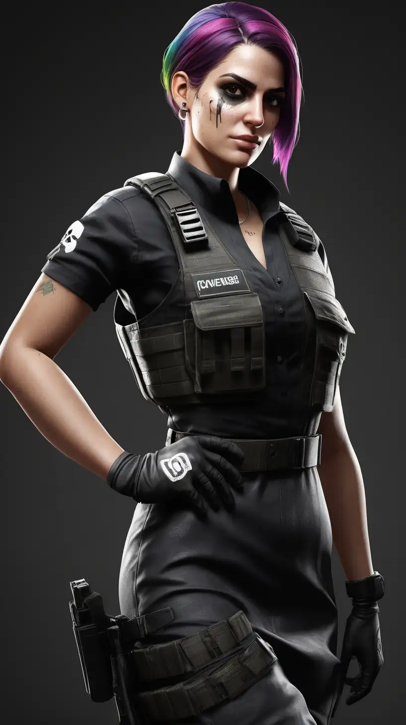 Full body, "caveira" from game "rainbow six siege" like a real women , portrait real women, clear face, elegance dress