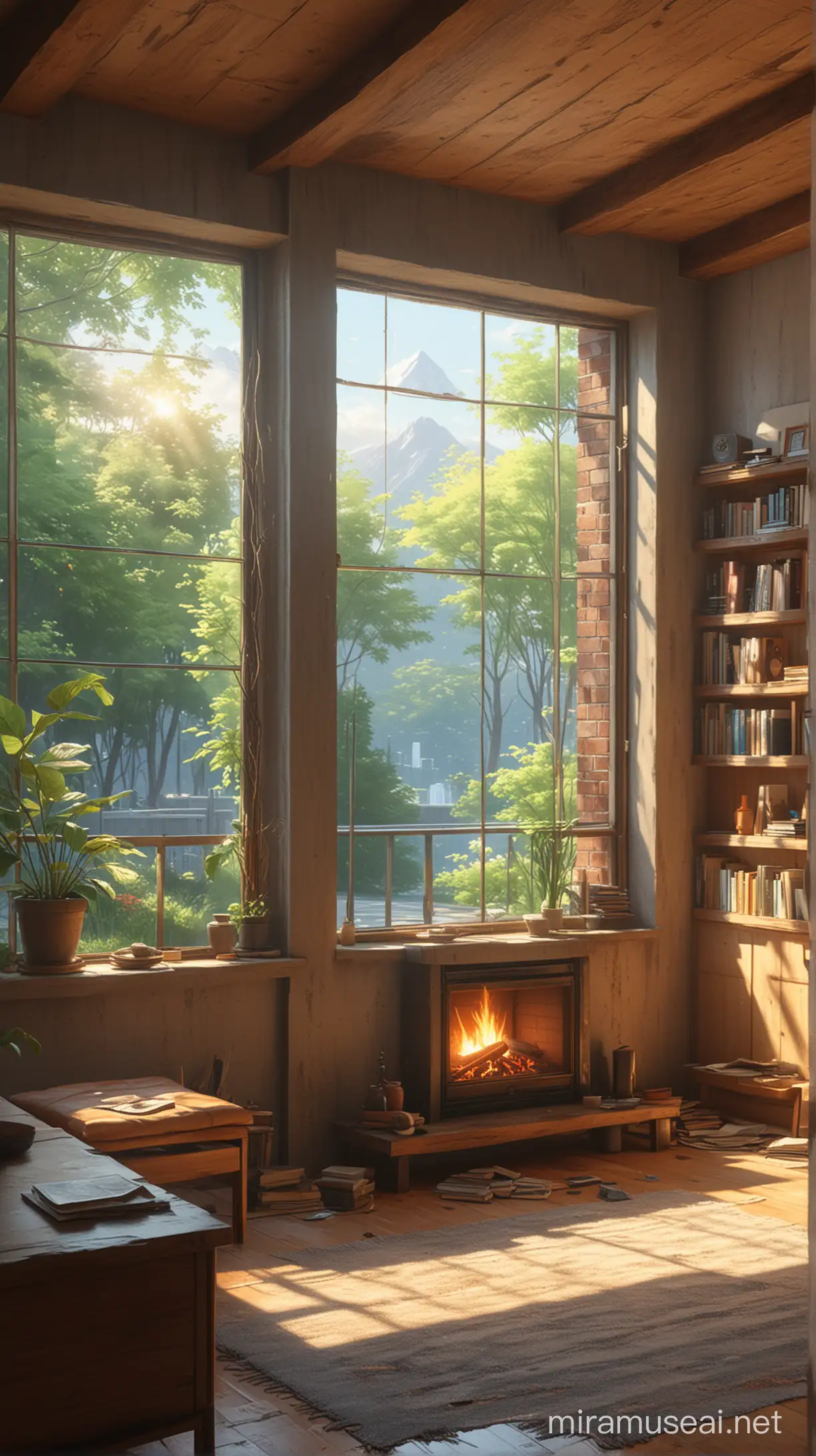 Warm living room setting, view from the inside, fireplace, sunlight shining,  ultra detailed, high resolution, best composition, illustration, acrylic palette knife, makoto shinkai style, Codex_401 style, mystical, Mystica_meta style, ghibli vibes, ultra detailed, render, stable diffusion, trending pixiv fanbox, --ar MJ V 6.0 , photo view from eye sight.
