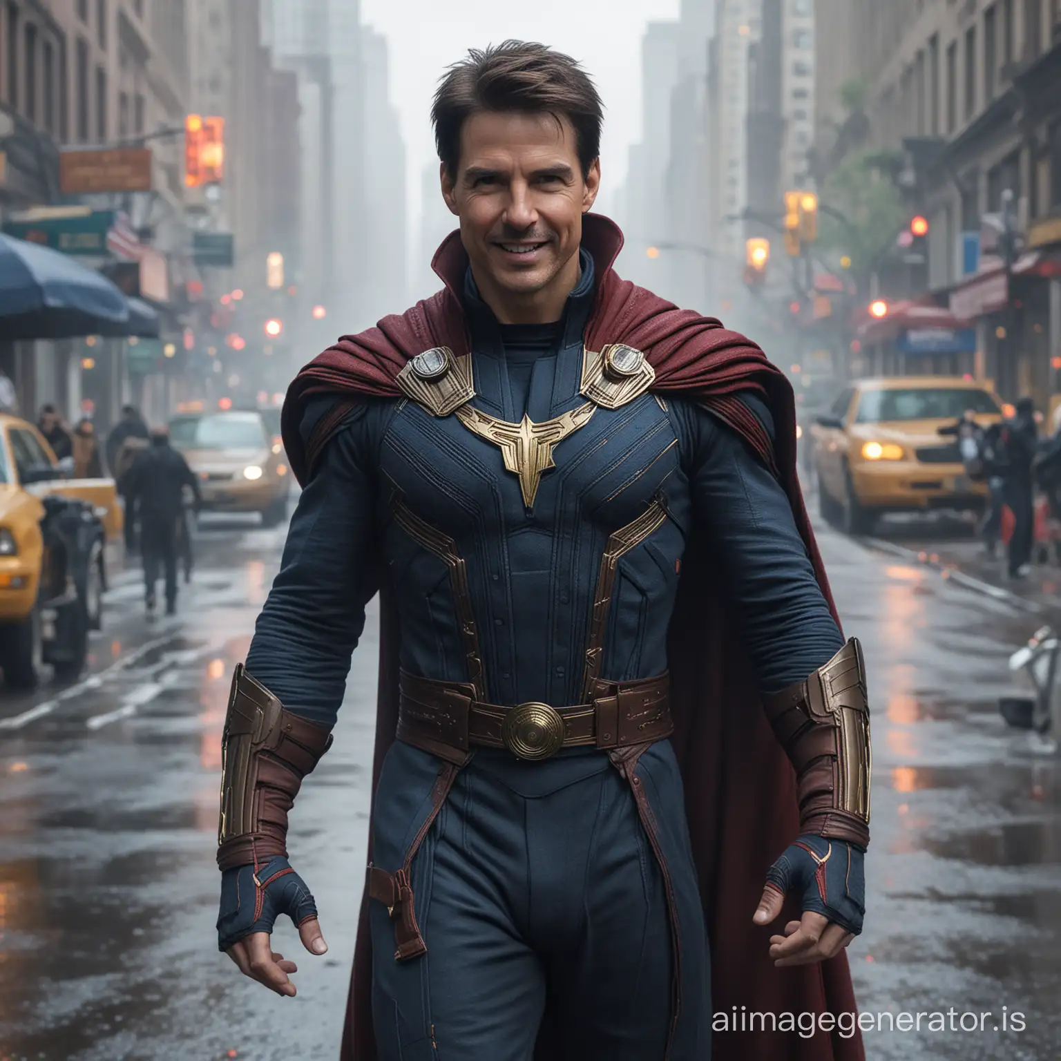 Tom Cruise in original Dr. Strange suit, smile in camera, No Mask, semi full body, 16k photography, high resolution, in foggy new York street as background.