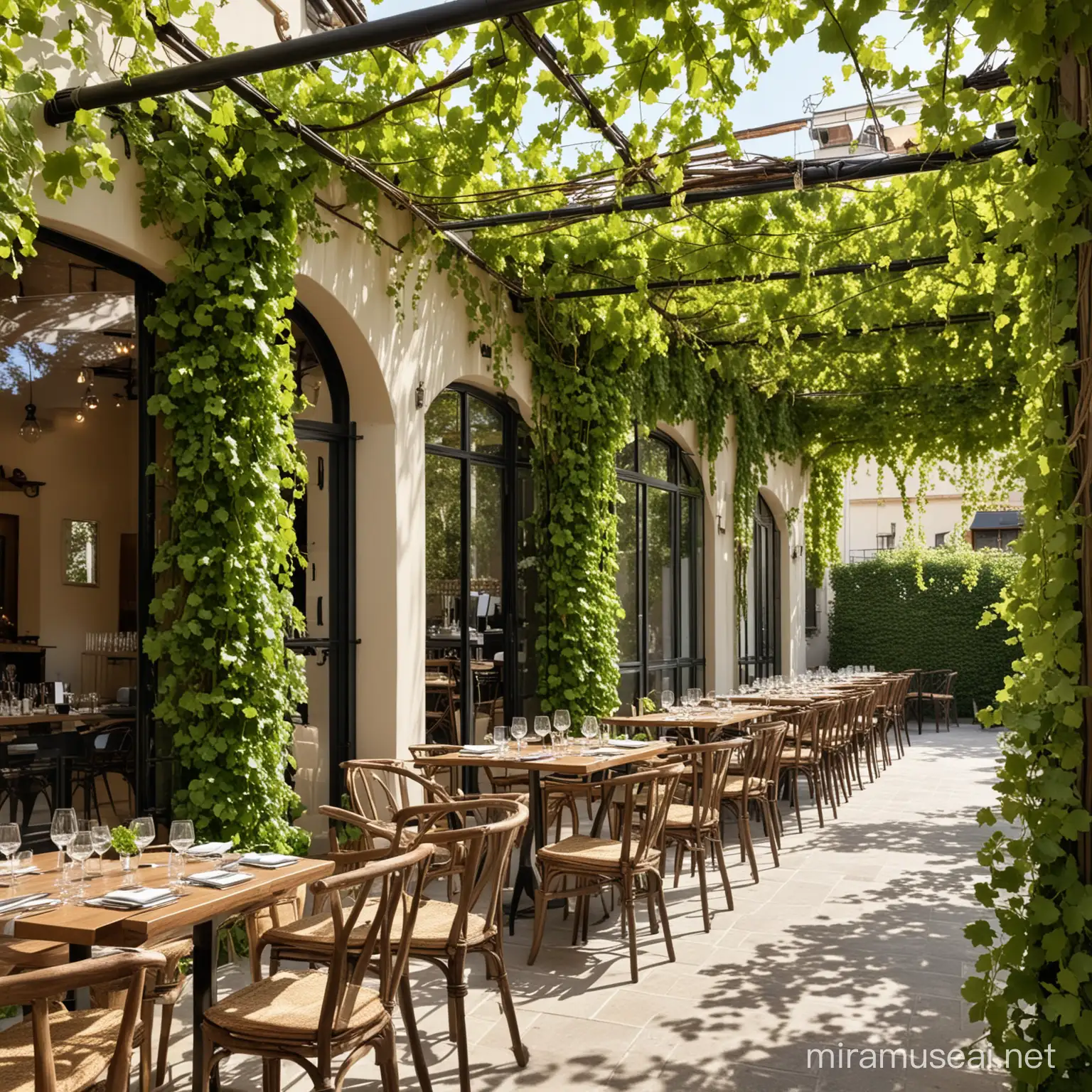 içinde üzüm dalları olan şık bir şarap restoranı terası