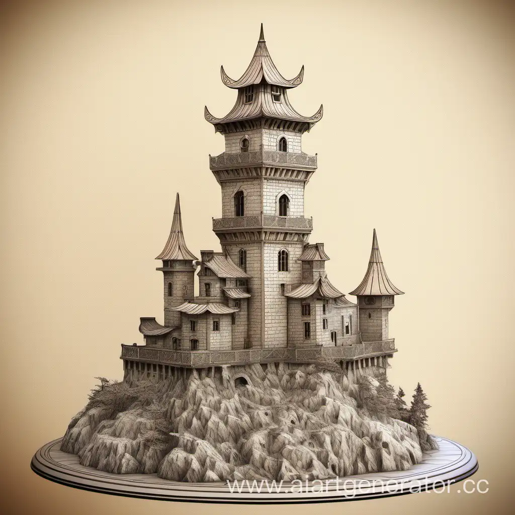 Big tower for griffin, flat roof, fantasy, the engraving style