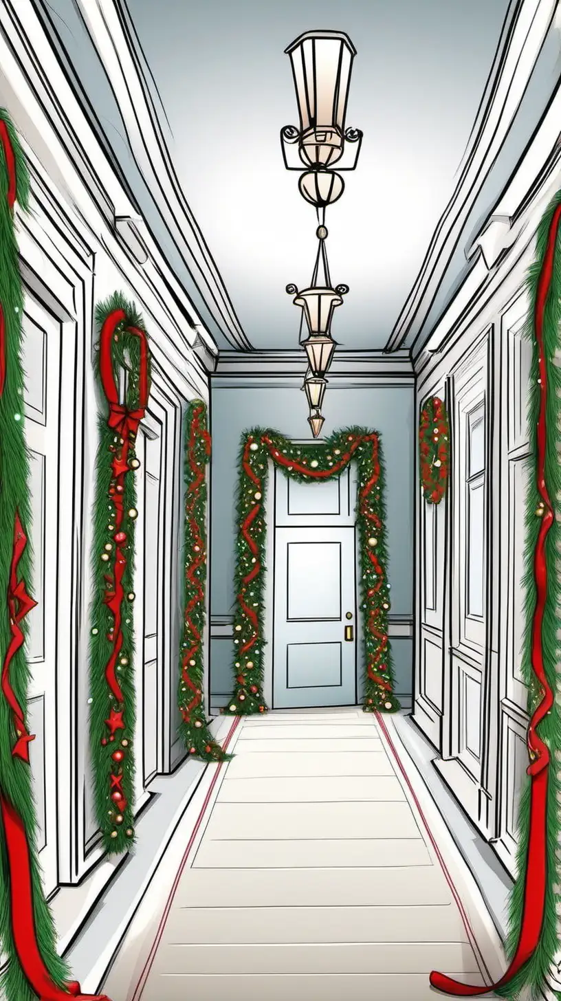 cartoon white house hallway decorated for christmas