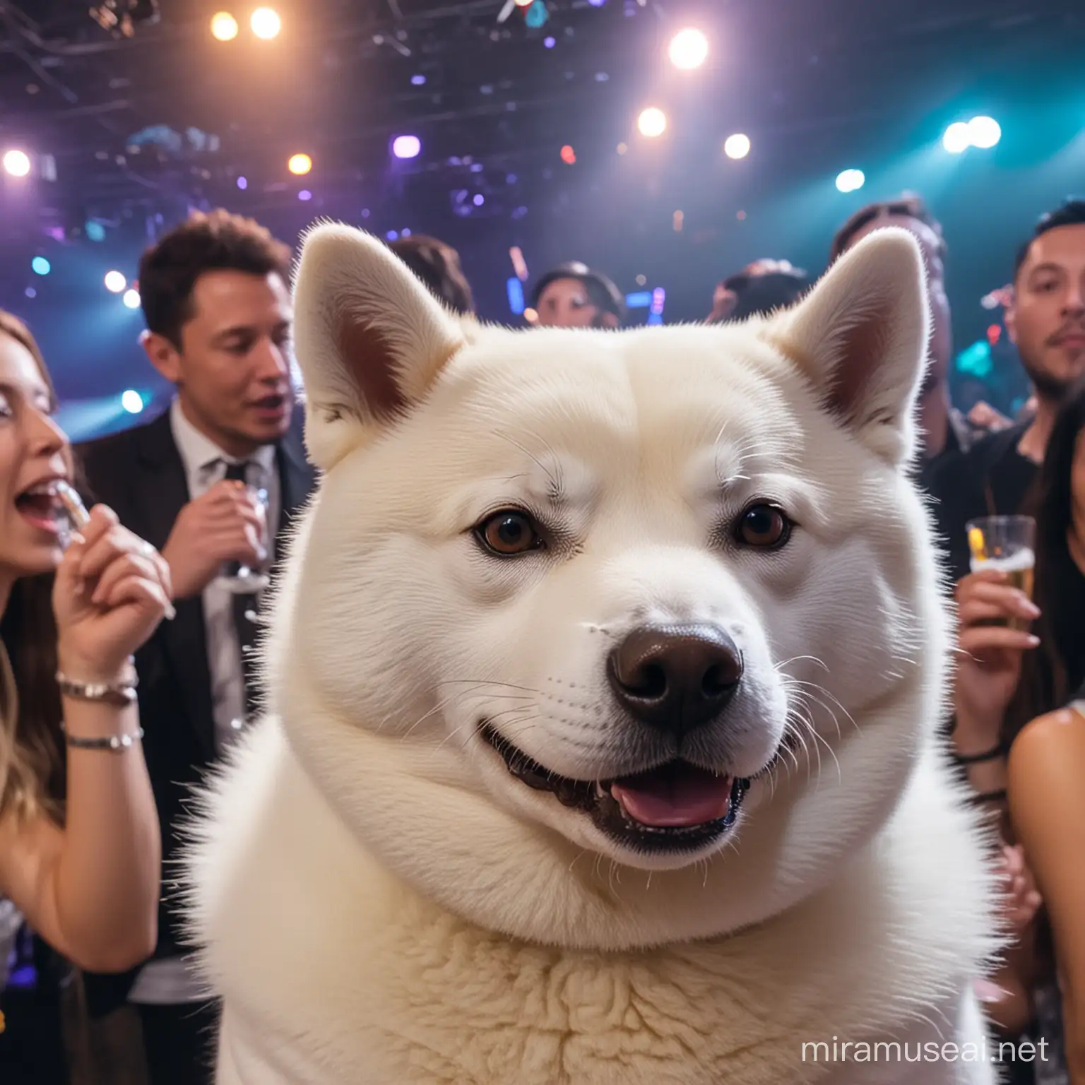 white shiba inu at the nightclub with elon musk partying hard
