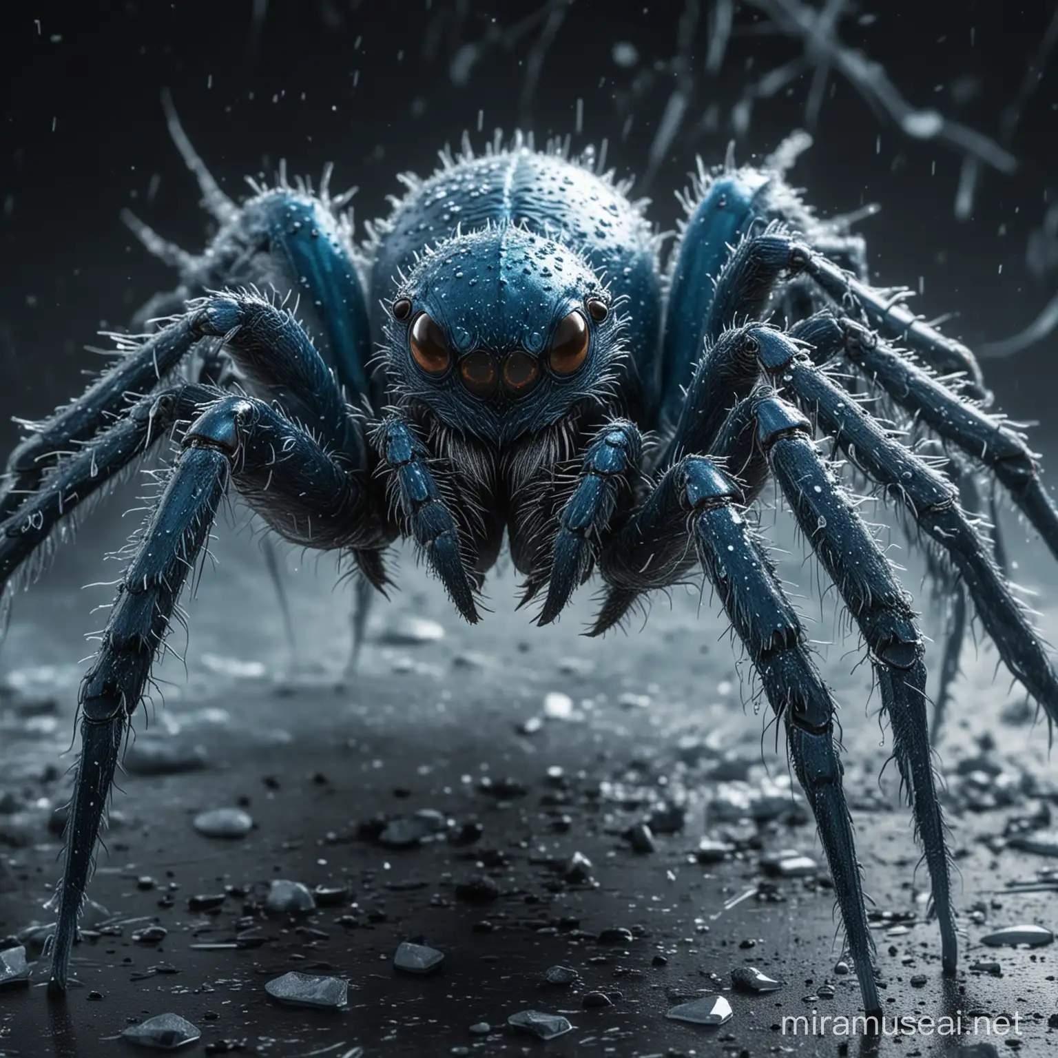 Enchanted Frost Spider with Glacial Features Amidst Medieval Combat Gear