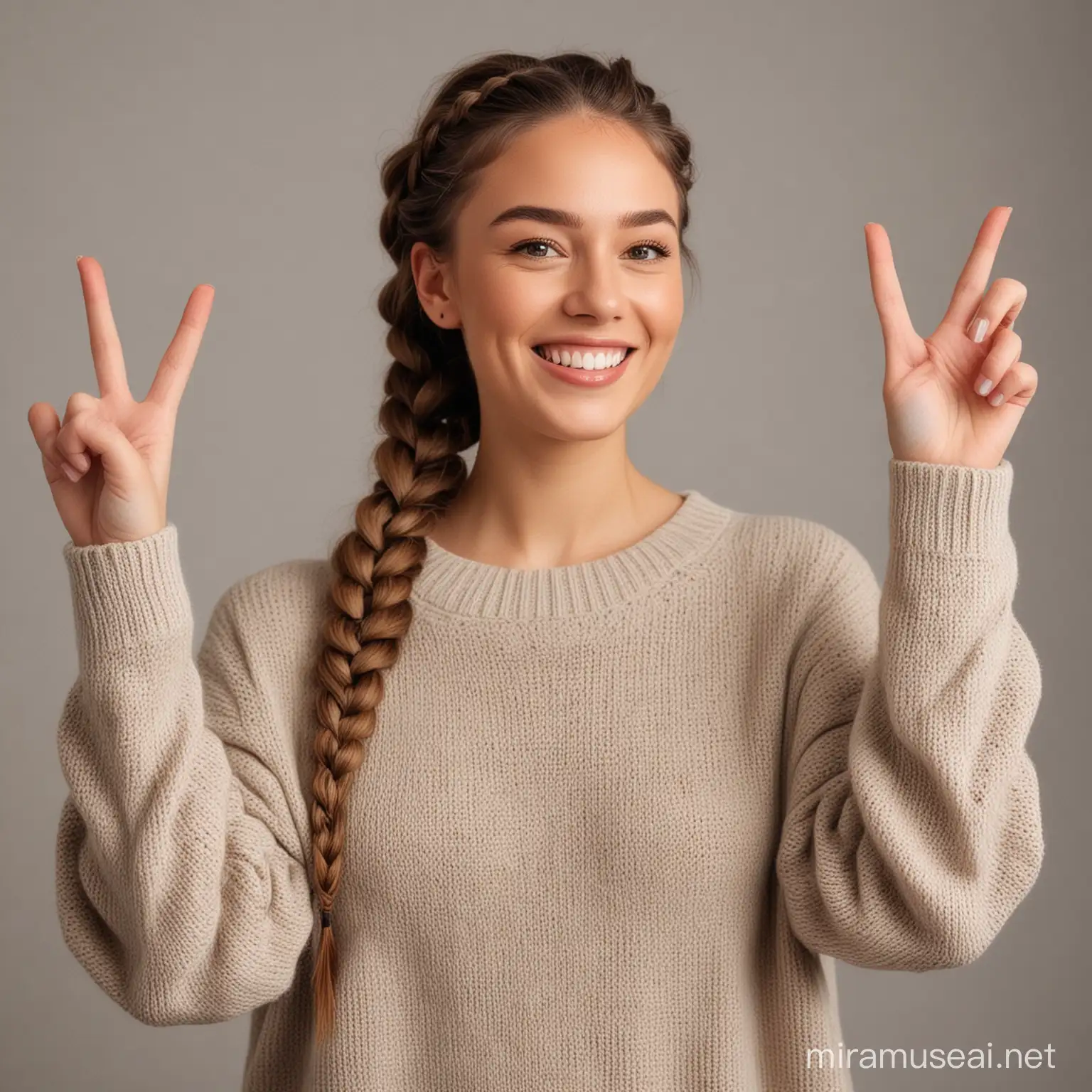 a woman with nice braids, wearing a sweater and smiling while pointing her hands up to show directions for two different options