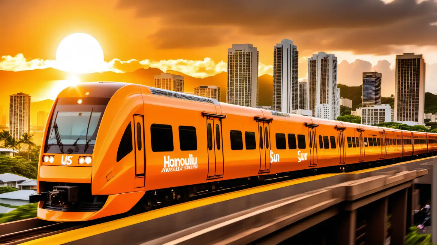 a large bright orange yellow sun as the background. the foreground is an image of the honolulu skyline rail train speeding by with US dollars flying out from the rear of the train