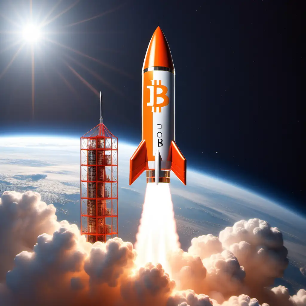 Bitcointhemed Rocket Soaring in Outer Space