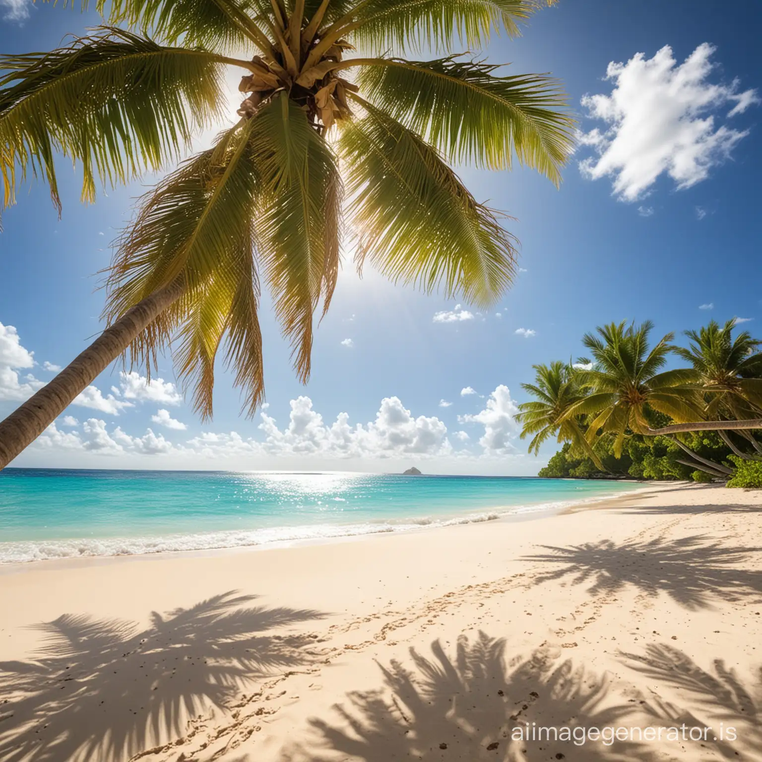 A lovely beach in the Caribbean with the sun shining and palm trees
