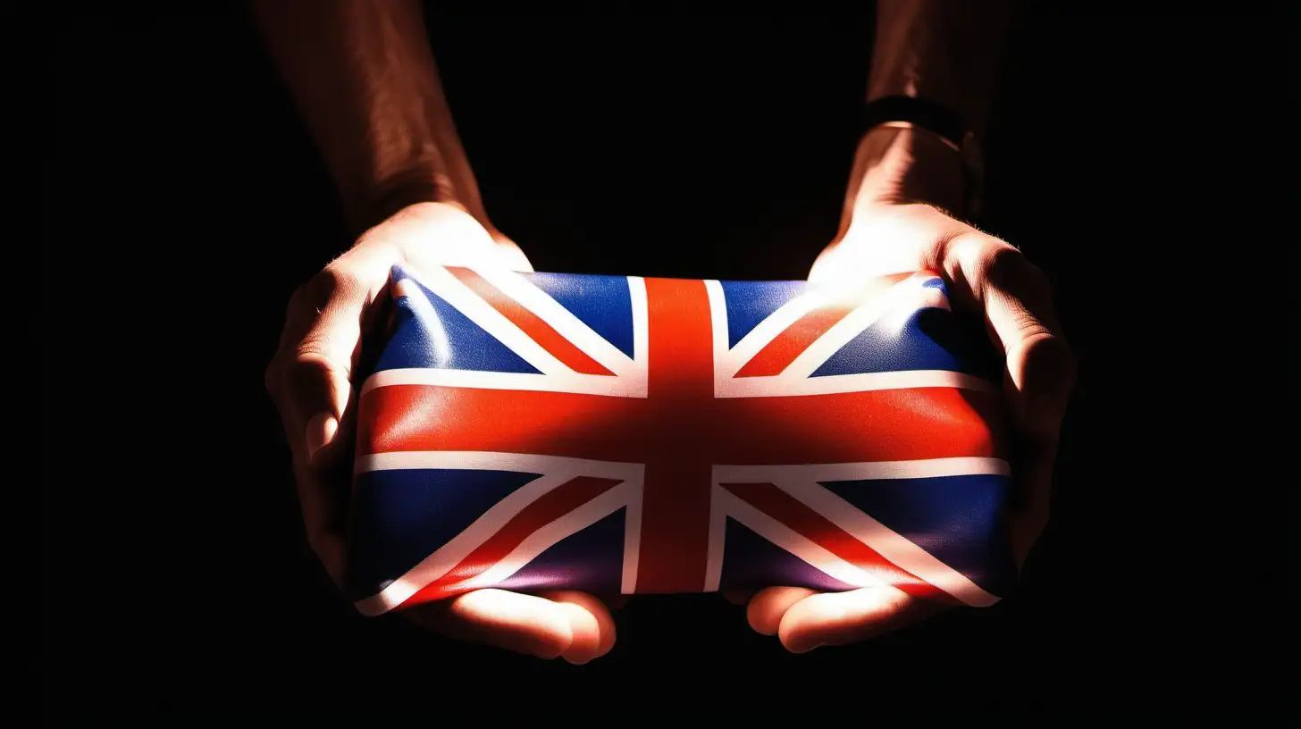 "Embrace of national pride: Capture the intimate moment of a person cradling a glowing Union Jack flag in their hands, the warmth of its light reflecting the depth of their patriotism against the black expanse."