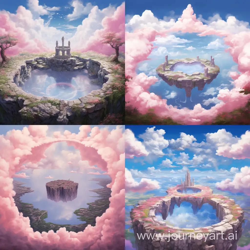 A beautifully drawn (((top-down view of a stone well))), with intricate details and worn edges, framed by (((soft, fluffy white clouds))), adding a touch of serenity. The well is full of crystal clear pink water, reflecting the (sunny sky above) in a tranquil symphony